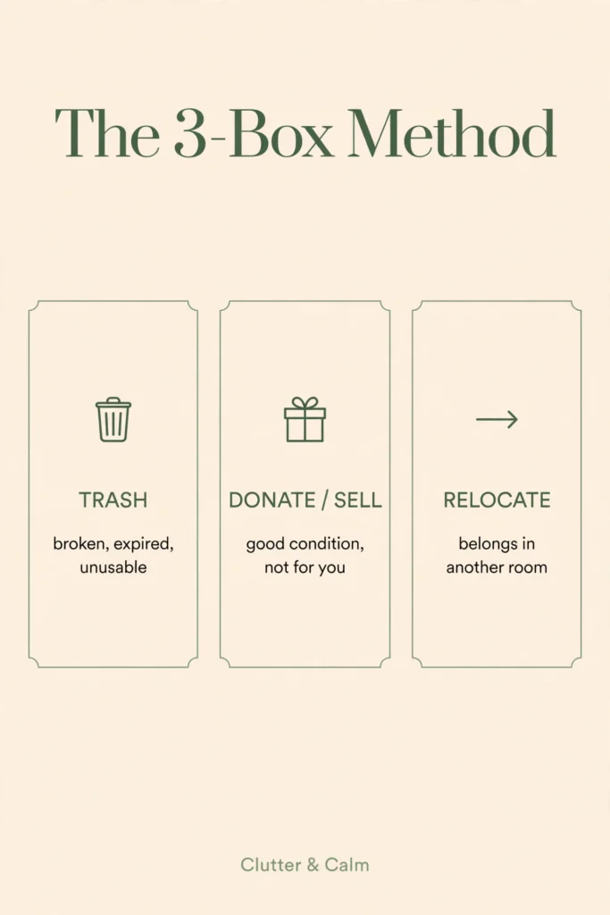 The 3-box decluttering method: trash, donate or sell, relocate - Clutter and Calm infographic