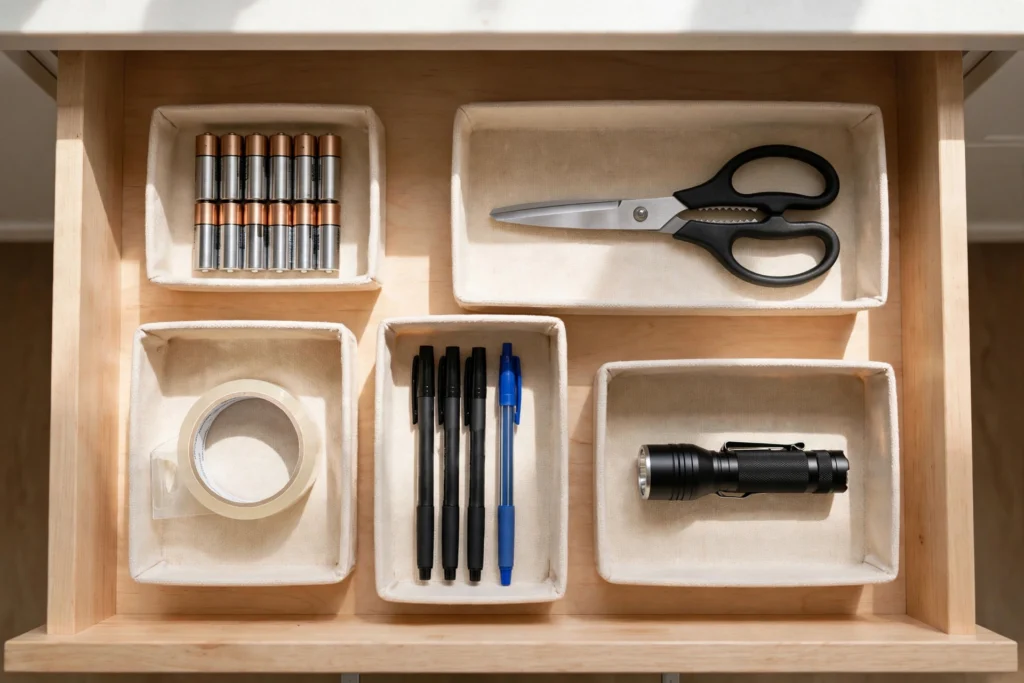 Organized junk drawer with small organizer trays